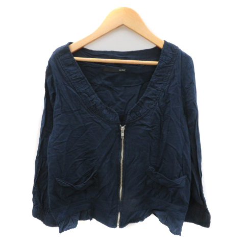 ヘザー Heather ブルゾンジャケット ミドル丈 七分袖 ジップアップ ノーカラー 無地 リネン混 F 紺 ネイビー /YK2 レディース拍卖