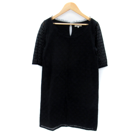 ボールジー BALLSEY トゥモローランド ワンピース ミニ丈 五分袖 総レース ラウンドネック フリンジ 38 黒 ブラック /SY48 レディース拍卖