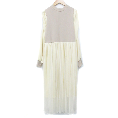 ナイスクラップ ニットワンピース フレアワンピース チュール ロング丈 マキシ丈 長袖 クルーネック 切替 無地 F ベージュ 黄色 レディース拍卖