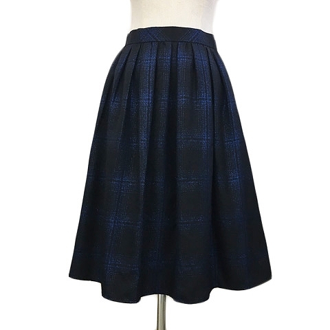 ナチュラルビューティー NATURAL BEAUTY スカート フレア 膝丈 ウール チェック ラメ タック 36 黒 青 ブラック ブルー レディース拍卖