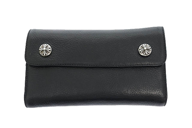 クロムハーツ CHROME HEARTS Wave Cross Ball Wallet ウェーブ クロス ボール ボタン レザー ロング ウォレット 二つ折り 長財布 黒 ブラッ拍卖