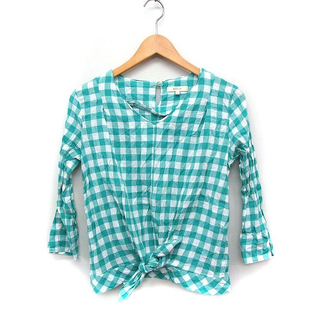 ハッシュアッシュ HusHusH ギンガムチェック Vネック シャツ ブラウス 七分袖 前結び コットン 綿 2 グリーン 緑 /FT30 レディース拍卖