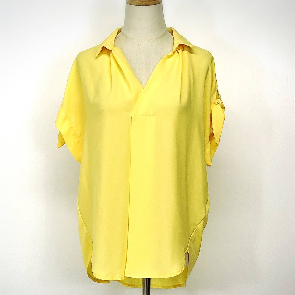 Y0950 ROPE' PICNIC ロペ ピクニック レディース トップス ブラウス 半袖 リボン 薄手 38サイズ Mサイズ イエロー 黄 無地 カジュアル 夏 拍卖