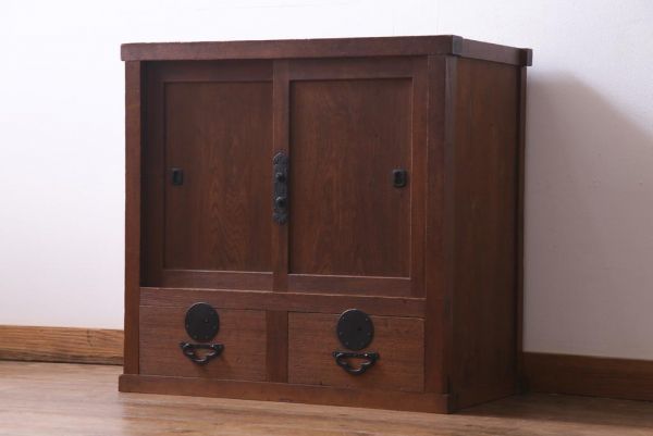 R-033989 明治大正期 ヒノキ材 シンプルな作りが魅力的な小振りの帳場箪笥(引き出し)拍卖