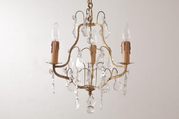 R-035219 フランスアンティーク 繊細な美しさが魅力的なケージ型シャンデリア(3灯、天井照明、吊り下げ照明)拍卖