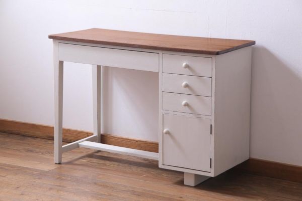 R-034034 ペイント家具 ナラ材 優しげで温かみ感じる薄型タイプの片袖机(デスク、作業台)拍卖