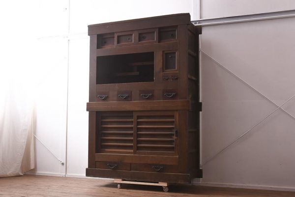 R-042492 アンティーク家具 和製アンティーク 飾り棚付き! 四尺水屋箪笥(4尺、和タンス)(R-042492)拍卖