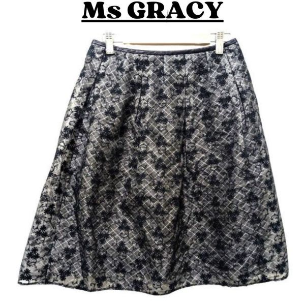★美品 Ms GRACY エムズ グレイシー スカート レディース ひざ丈 シフォン 花柄の刺繍 インパーテッド かわいい 黒 38 / M nr2-031拍卖
