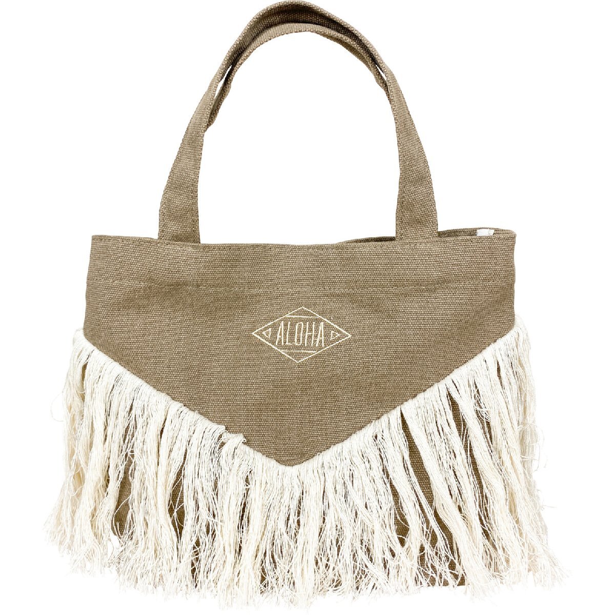 ALOHA刺繍入り ハワイアン フリンジバッグ 幅31×高さ21×マチ12cm ブラウン ポリエステル 綿 普段使いに丁度いいコンパクトサイズ拍卖