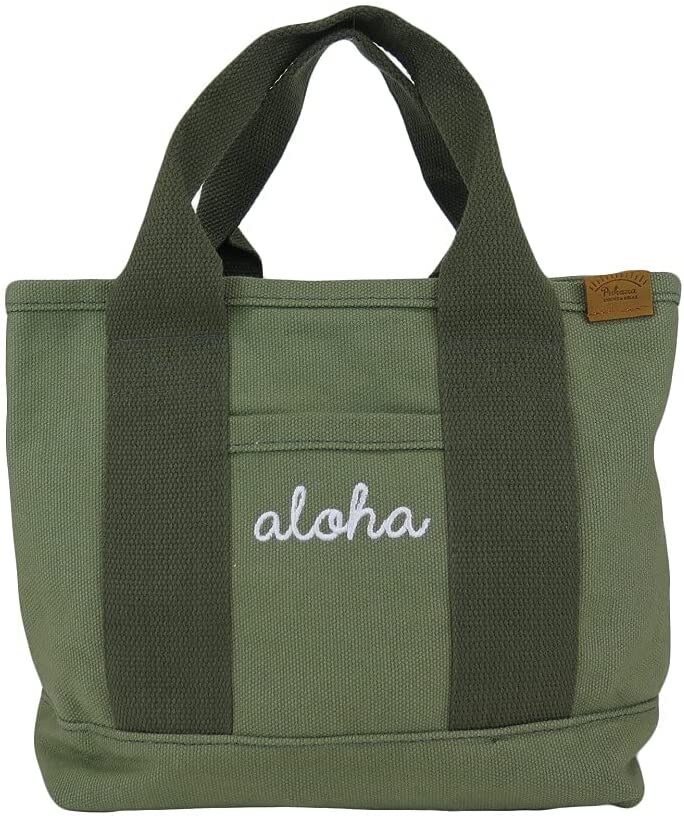 aloha刺繍入り ハワイアン ミニトートバッグ 幅21×高さ24×マチ16cm カーキ 綿100% 仕切りがたくさんでバッグの中身を整理しやすい拍卖