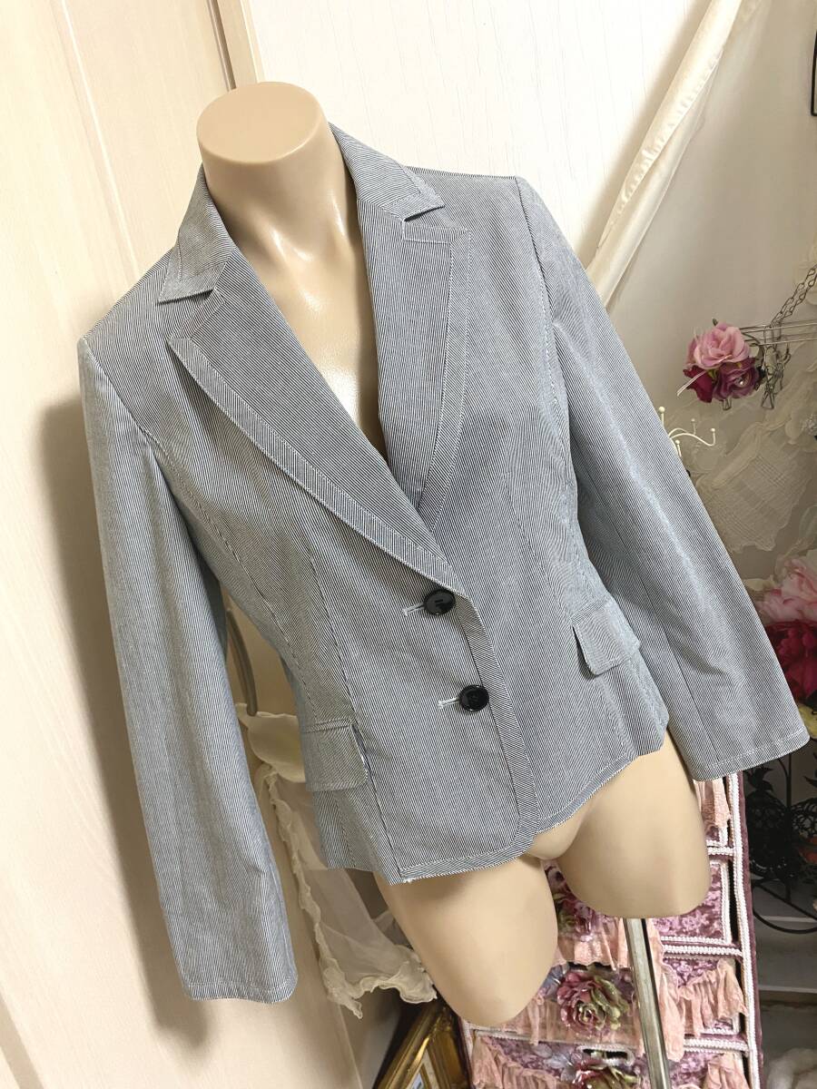 レディース9/Mサイズ:東京スタイル【STYLE ME】リネン麻混*ストライプジャケット:紺黒xオフ白 定価:21,000税拍卖