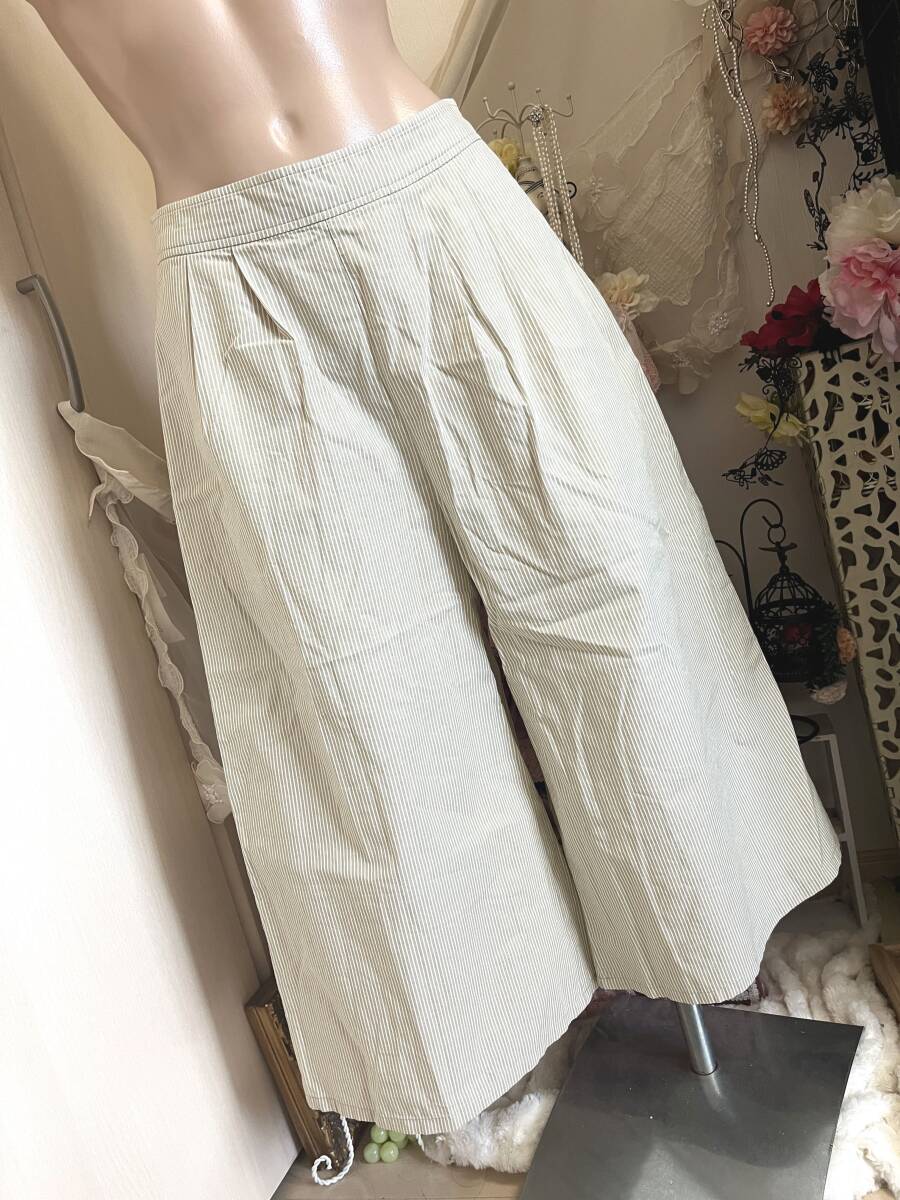 レディースSサイズ:クロコダイル【CROCODILE】ワイドパンツ*薄手ズボン:ベージュx白/ストライプ拍卖
