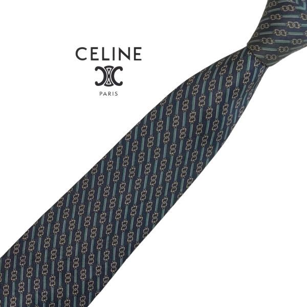 ★やや細め★ CELINE 高級ネクタイ パターン柄 ネイビー系 チェーンブロック柄 USED セリーヌ ネコポス可 中古 t913拍卖