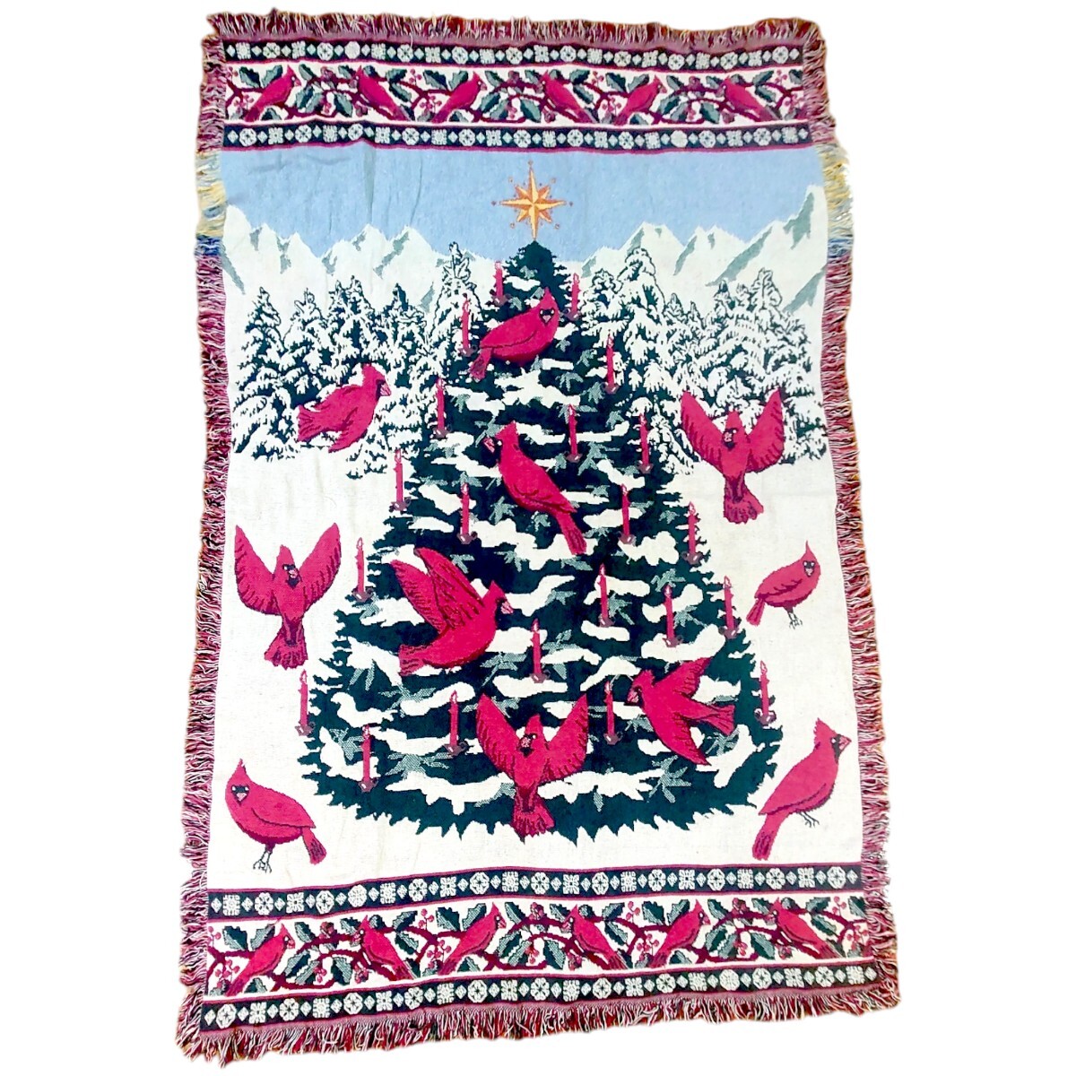 vintage ラグ カーペット、マルチカバー、クリスマスツリー、鳥、雪 464拍卖