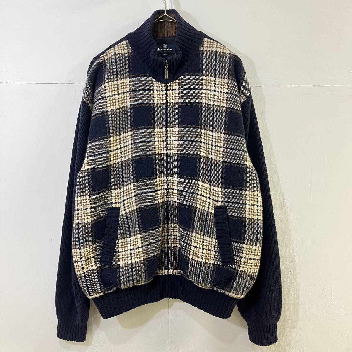 Aquascutum LONDON 極上 カシミヤブルゾンニットブルゾン ジップアップジャケット チェック柄 アクアスキュータム【送料一律/同梱可能】K拍卖