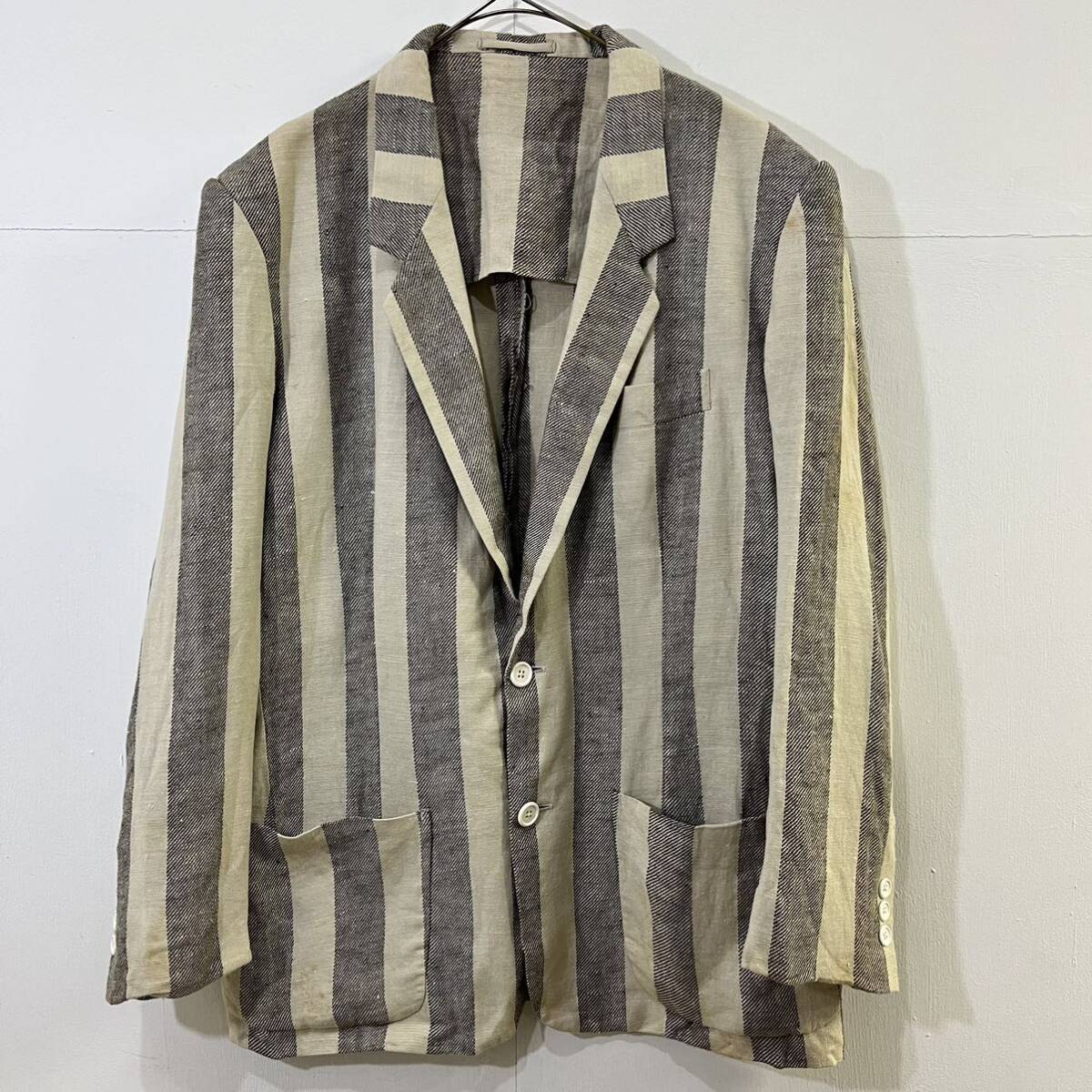 Y's for men リネンジャケット リネンコットン テーラードジャケット ストライプ 総柄 ナチュラル ワイズフォーメン【送料一律/同梱可能】L拍卖
