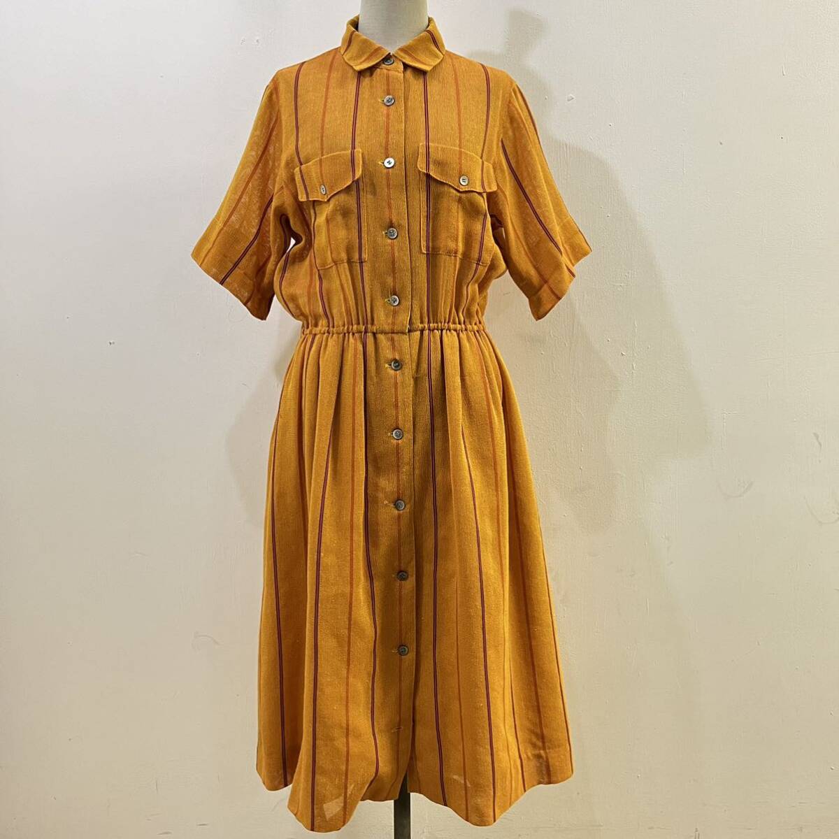 VINTAGE VOIR 昭和レトロ ジャパンビンテージ 半袖ワンピース 総柄ワンピース ロングワンピース ストライプ【レターパックプラス郵送可】L拍卖