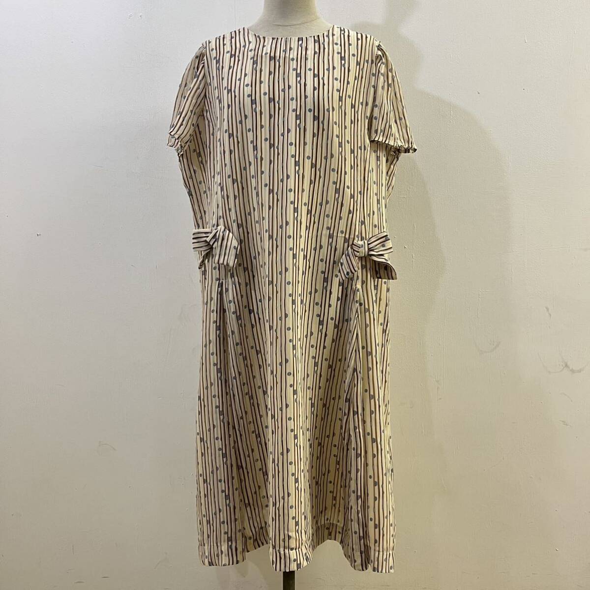 opti 昭和レトロ ジャパンビンテージ 半袖ワンピース 総柄ワンピース ロングワンピース ストライプ リボン【レターパックプラス郵送可】L拍卖