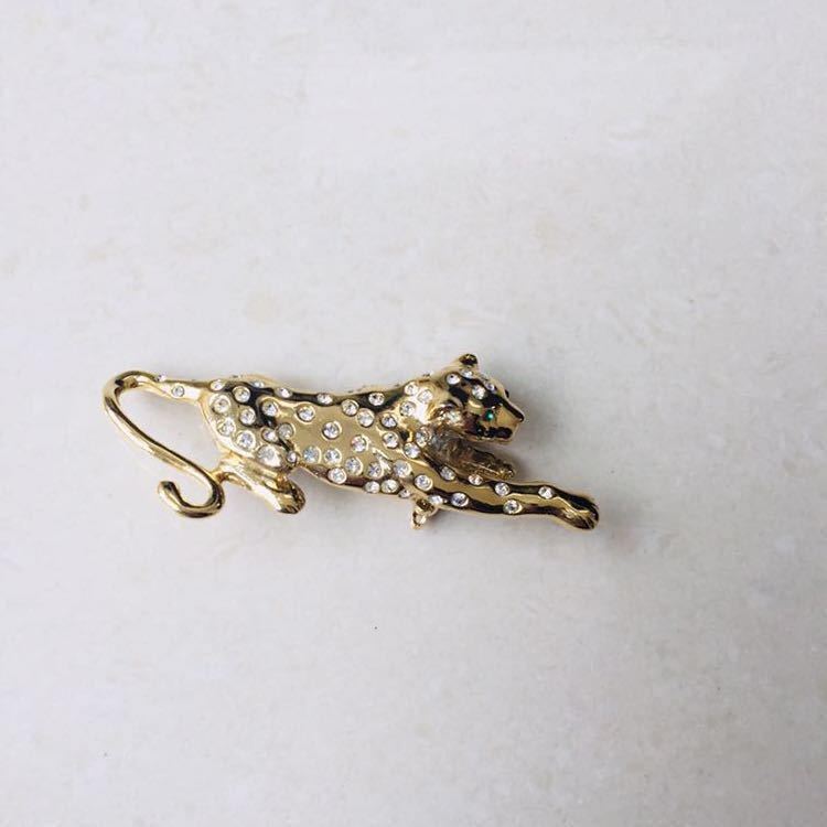 【美品】エメラルド グリーン アイ チーター キラキラ ラインストーン ゴールド ブローチ 緑石拍卖