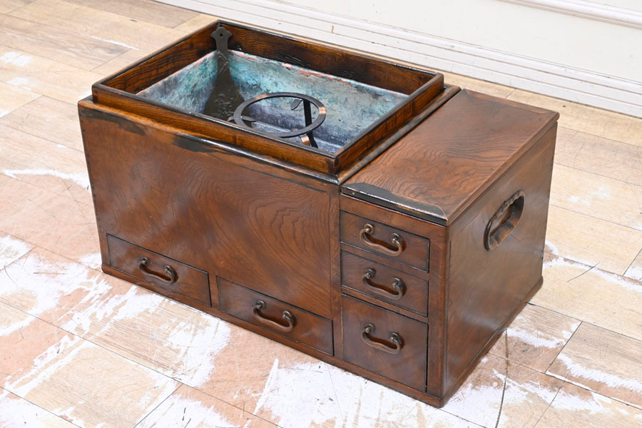 MN11 黒柿一部使用 古い レトロ 欅 けやき 無垢 火鉢 長火鉢 囲炉裏 手あぶり 古民具 座敷机 囲炉裏座卓拍卖