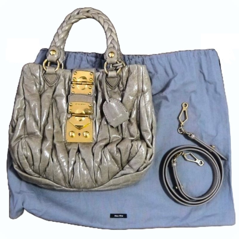 質店鑑定済み! $ 美品 $ ■ miumiu ■ ミュウミュウ ■ マテラッセ レザー素材 ■ 2WAY ショルダー ハンドバッグ ■ グレー系■ 送料無料拍卖
