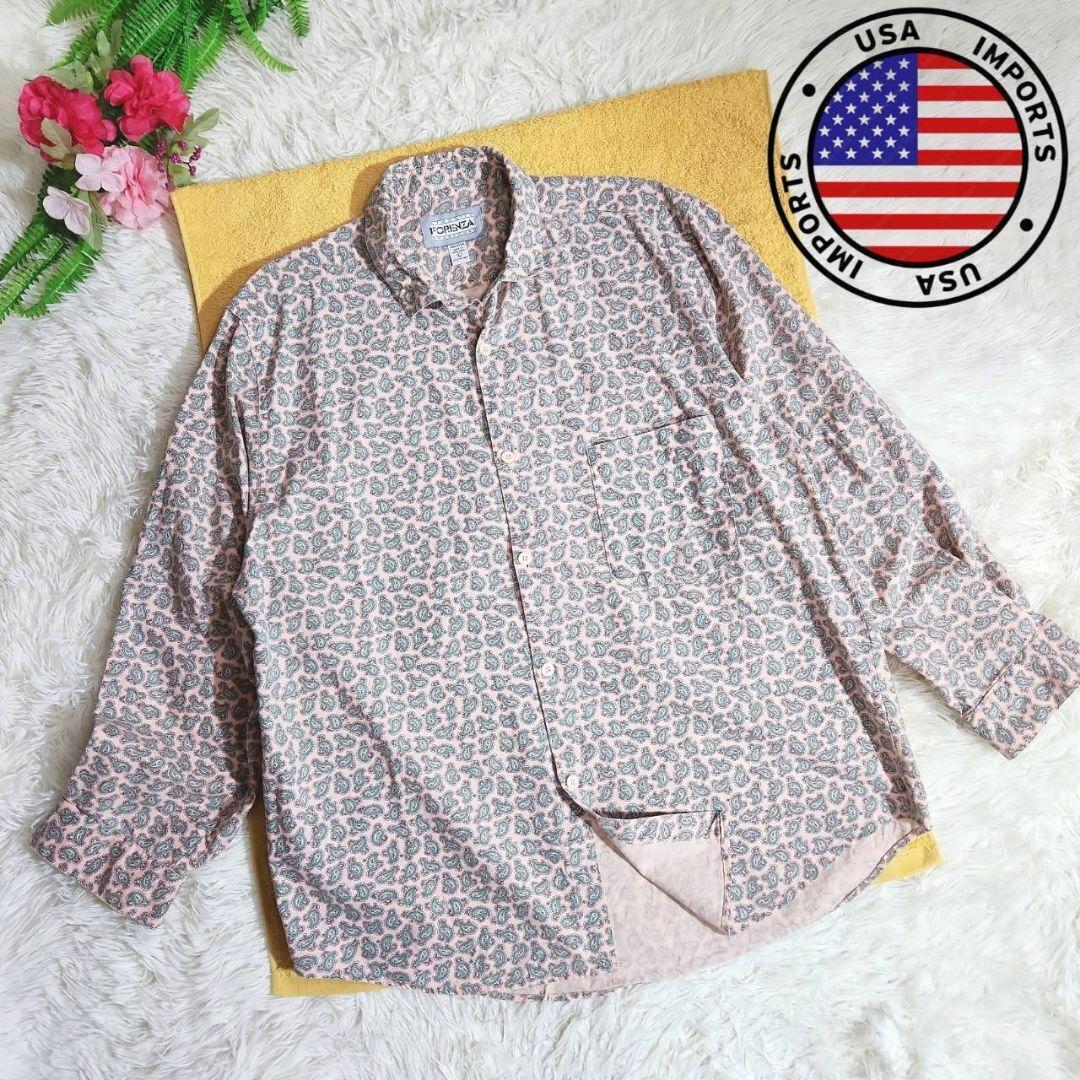 USA古着 90s FORENZA ペイズリー総柄・長袖シャツ ゆったりデザイン ユニセックス薄ピンク&青緑 68062拍卖