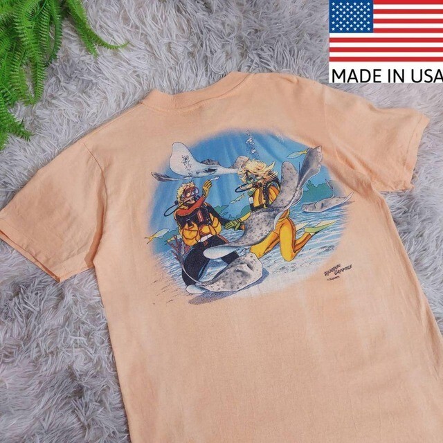 USA製 Stedman スキューバダイビング・胸ポケット付きTシャツ ライトオレンジ 80s 80年代 67900拍卖