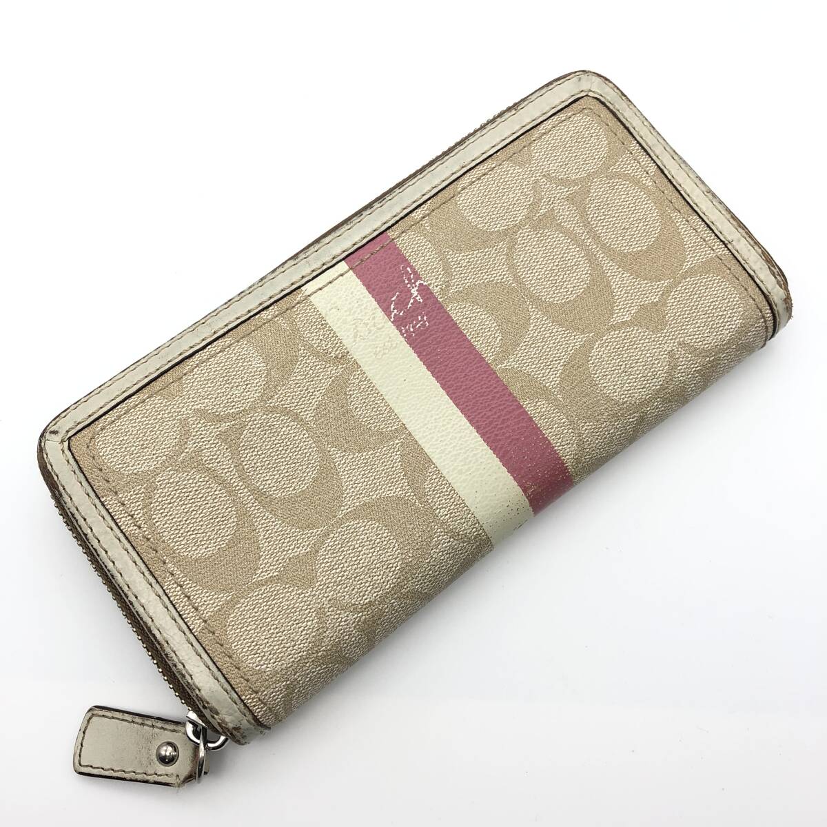 【COACH】長財布 コーチ レディース ベージュ ライン ピンク ホワイト 財布拍卖