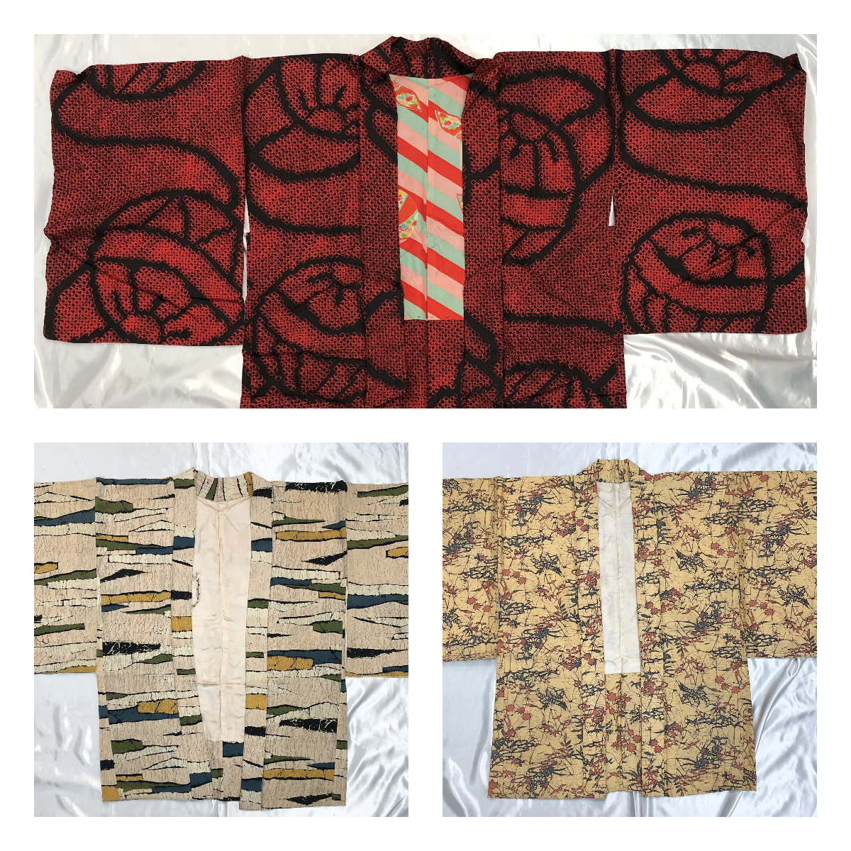 【3着おまとめ品】羽織 着物 和装 蔦葉模様 菊模様 山柄 総柄 折り鶴 毬柄 鞠柄 赤 黒 ベージュ拍卖