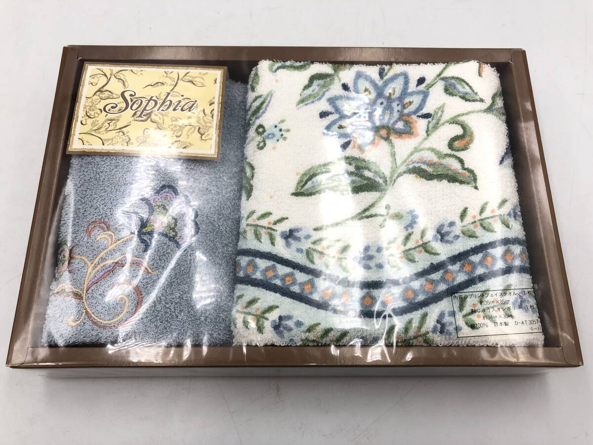 ★未使用保管品【Sophia】タオルセット フェイスタオル おしぼり ソフィア ブルー ホワイト ボタニカル 花柄 植物柄 綿拍卖
