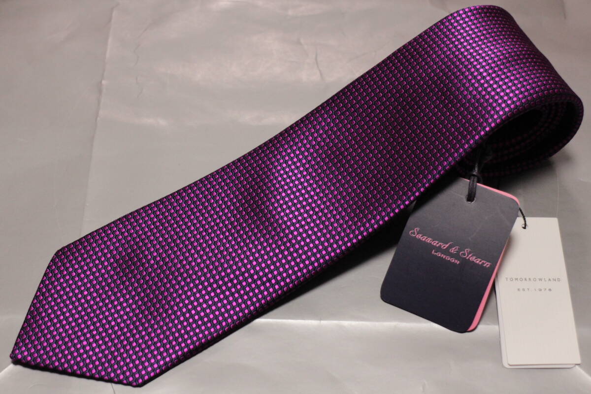 シーワード&スターン*トゥモローランド新品ネクタイ超華麗パープルソリッドバーズアイ柄フルハンドメイド極上イギリス製シルク拍卖