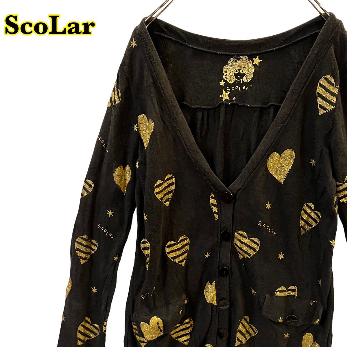 ScoLar スカラー 長袖カーディガン Vネック ラメプリント 黒 コットン レディース Mサイズ 【AY1599】拍卖