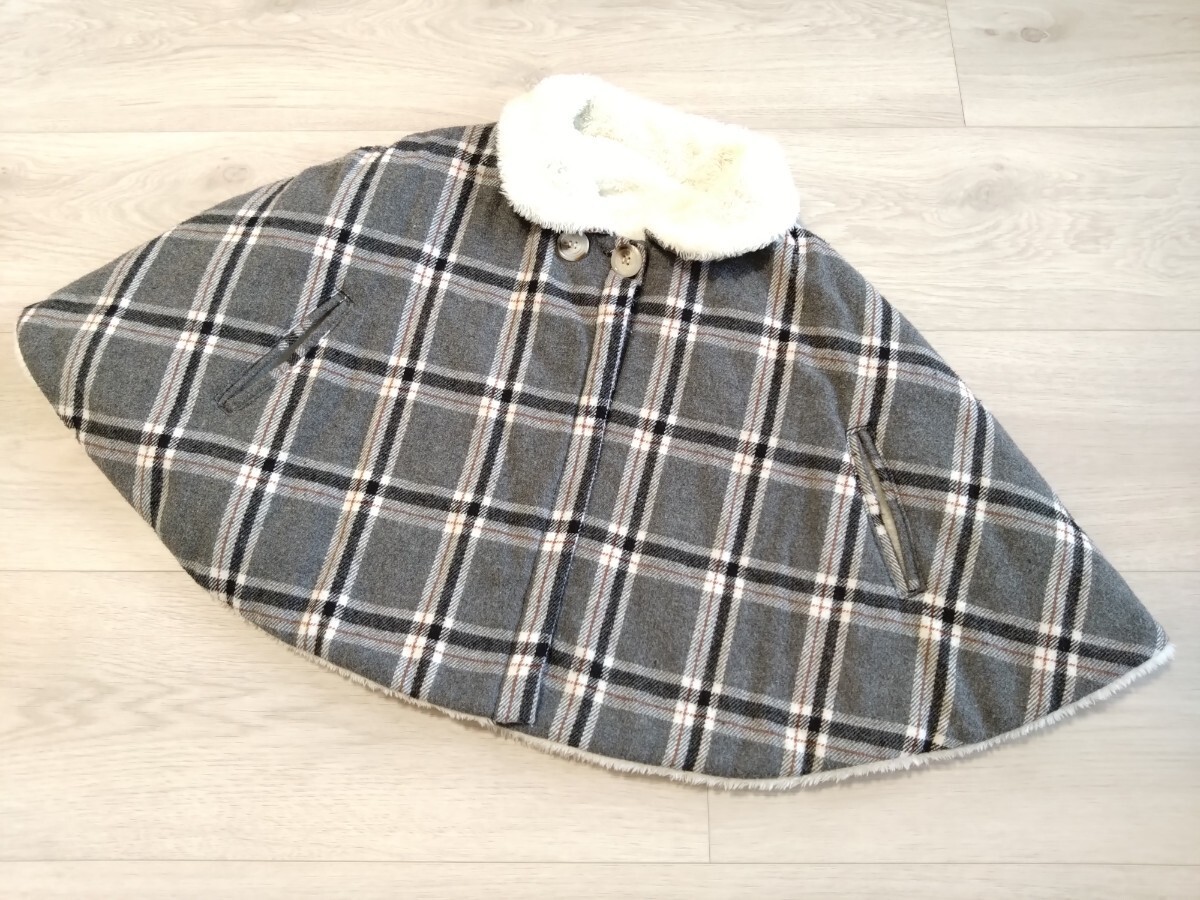 グレンチェック柄マント/ポンチョ★袖出しケープ★100cm〜110cm★キッズ★コート/アウター★お直し箇所あり拍卖