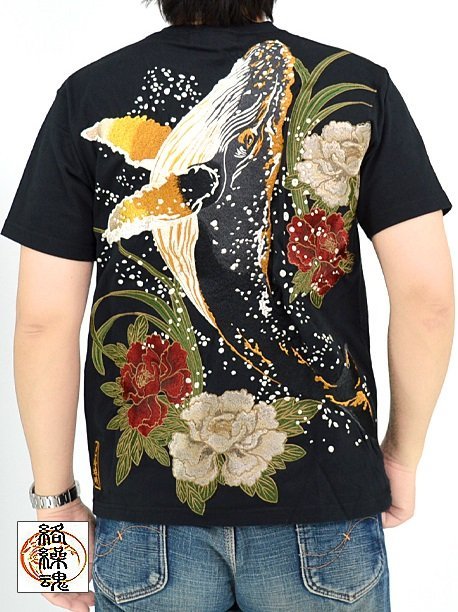 粋 古のザトウクジラ半袖Tシャツ◆絡繰魂 ブラックLサイズ 242052 和柄 和風 鯨 くじら 刺繍 牡丹 からくり拍卖