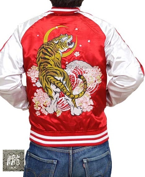 月虎スカジャン◆朧 レッドLサイズ 9021821 和柄 和風 刺繍 トラ スーベニアジャケット おぼろ拍卖