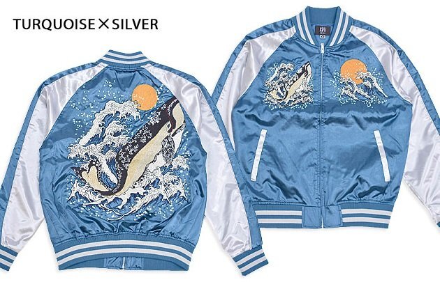 大鯨スカジャン◆朧 ターコイズ×シルバーXLサイズ 9041801 和柄 和風 おぼろ クジラ くじら スーベニアジャケット 刺繍拍卖