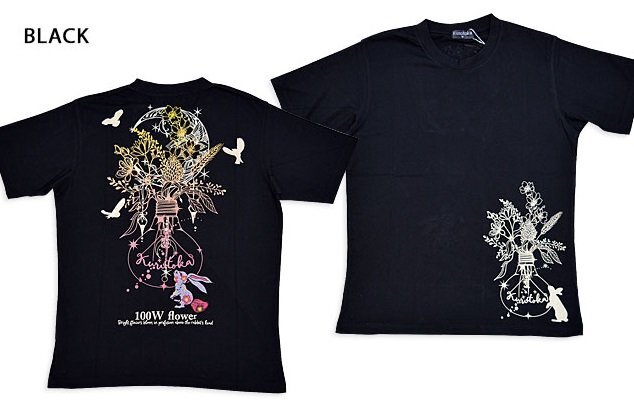 黒菟華 100Wの花半袖Tシャツ◆LIN ブラックLサイズ AL-759066 兎 うさぎ 和柄 和風 ユニセックス拍卖