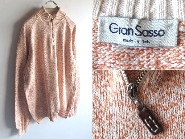 イタリア製 Gran Sasso グランサッソ ハーフジップ ハイネック メランジ コットンニット 48 オレンジ ホワイト BEAMS/ビームス取扱ブランド拍卖