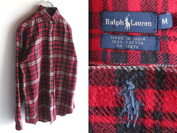 90sビンテージ Polo by Ralph Lauren ラルフローレン ポロポニーロゴ刺繍 コットン チェック ネルシャツ BDシャツ US:BOY'S M 赤黒 USA企画拍卖