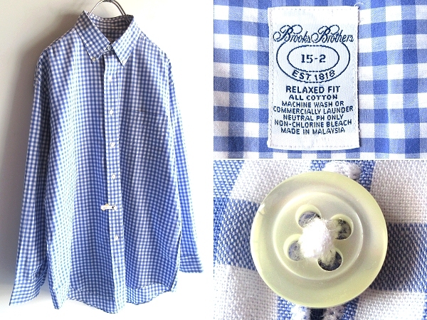 90sビンテージ Brooks Brothers ブルックスブラザーズ RELAXED FIT コットン ギンガムチェック BDシャツ 15-2 青 ゆったり ネコポス対応拍卖