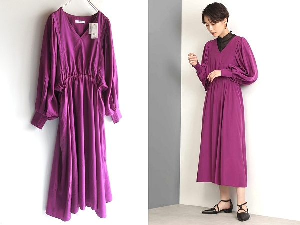 新品タグ付 ROSE BUD ローズバッド 2021AW ボリュームスリーブワンピース Vネック ギャザー ドレス FREE パープル拍卖