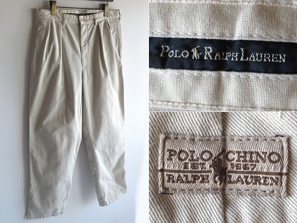 希少 90sビンテージ Polo Ralph Lauren ラルフローレン ANDREW PANT ロゴワッペン 2タック チノパンツ w35 ライトベージュ メキシコ製拍卖
