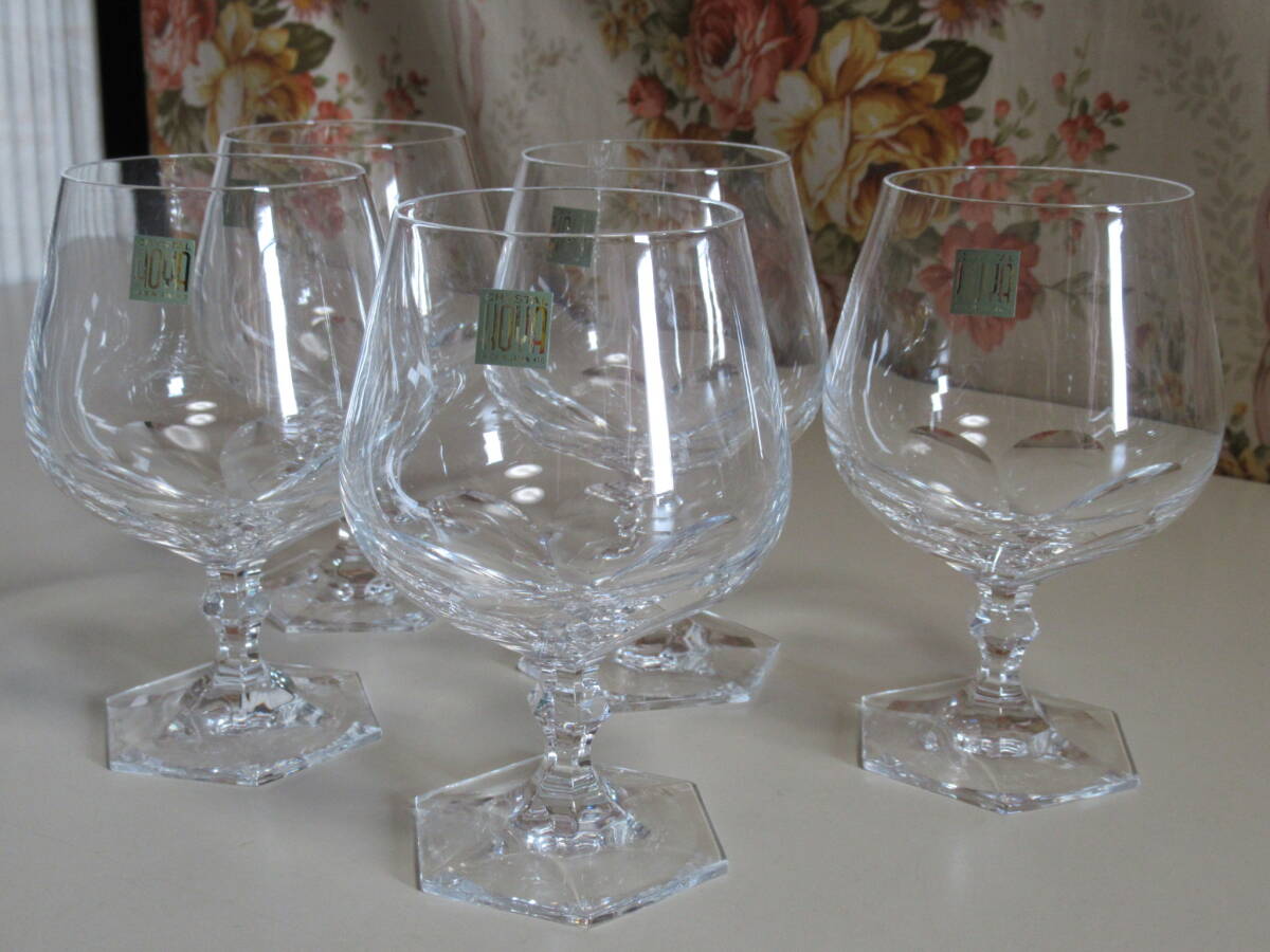 R6 03★HOYA /ホヤ クリスタル 6面カット 重厚 ブランデーグラス 5客 希少品/未使用拍卖