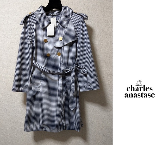 新品 定価4.5万 シャルルアナスタス ギンガムチェック レインコート 紺 トレンチコート拍卖