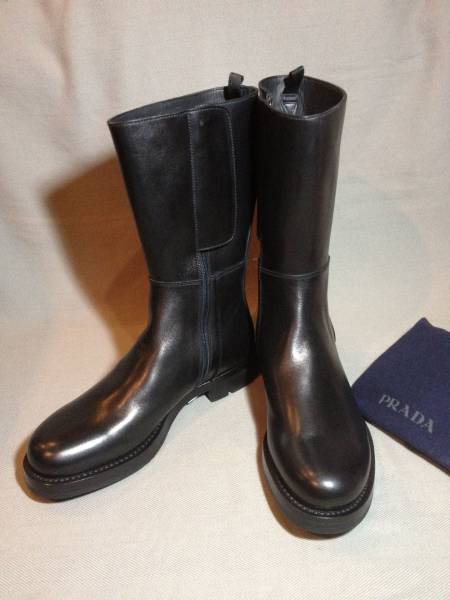 新品 プラダ レザー ロング ブーツ 5.5 黒 ブラック サイド ジップ PRADA 革靴 シューズ拍卖