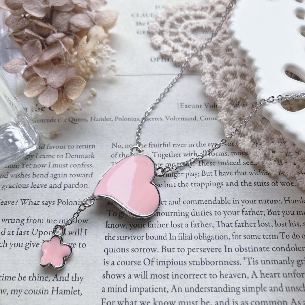 ピンクハートペンダント シルバーネックレス お花 美品☆Vintage jewelry accessoriesk0244拍卖