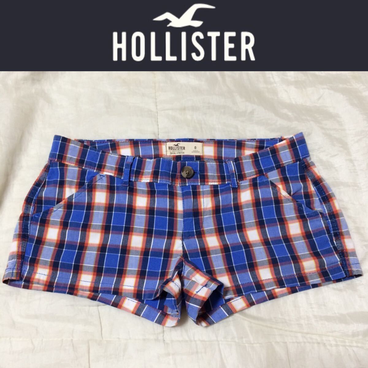 1回着新品同様☆HOLLISTER チェック柄ショートパンツ 0 S 青ブルー ホリスター拍卖