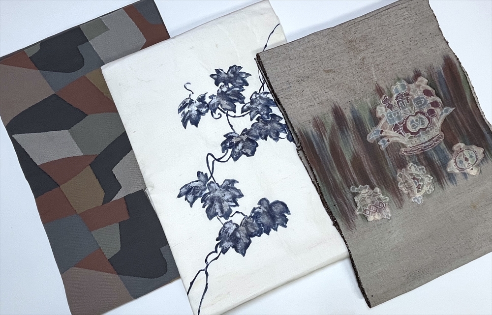 花とら●リサイクル帯 名古屋帯 3本まとめて リメイク 素材 陶片 幾何学文様 蔦葉 240213拍卖