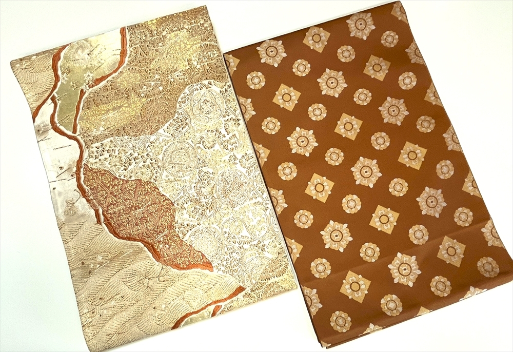 花とら●リサイクル帯 袋帯 2本まとめて 黒留袖にも 道長取 有職文様 幾何学文様 使用可能 240214拍卖