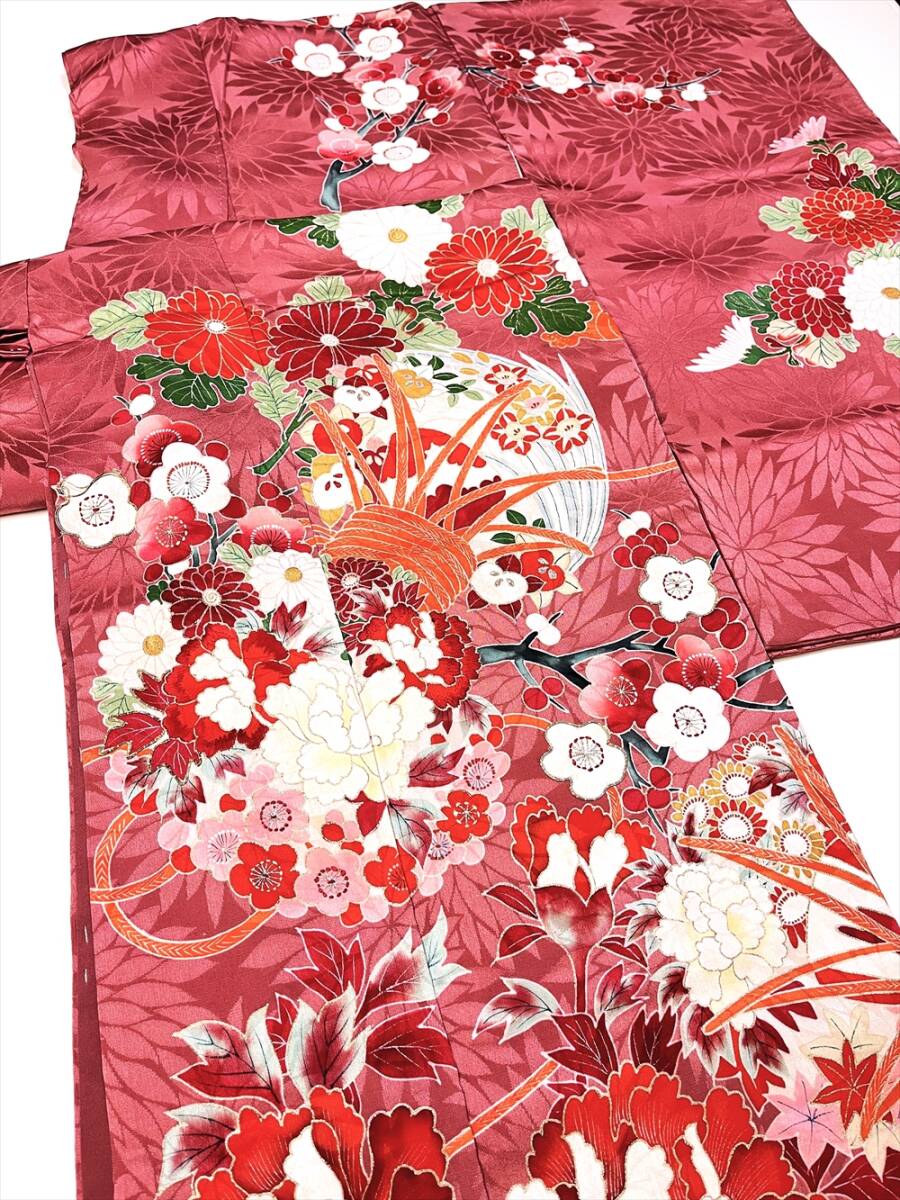花とら●アンティーク着物 訪問着 ピンク むじな菊 鼓 草花 レトロ 大正ロマン 240214拍卖